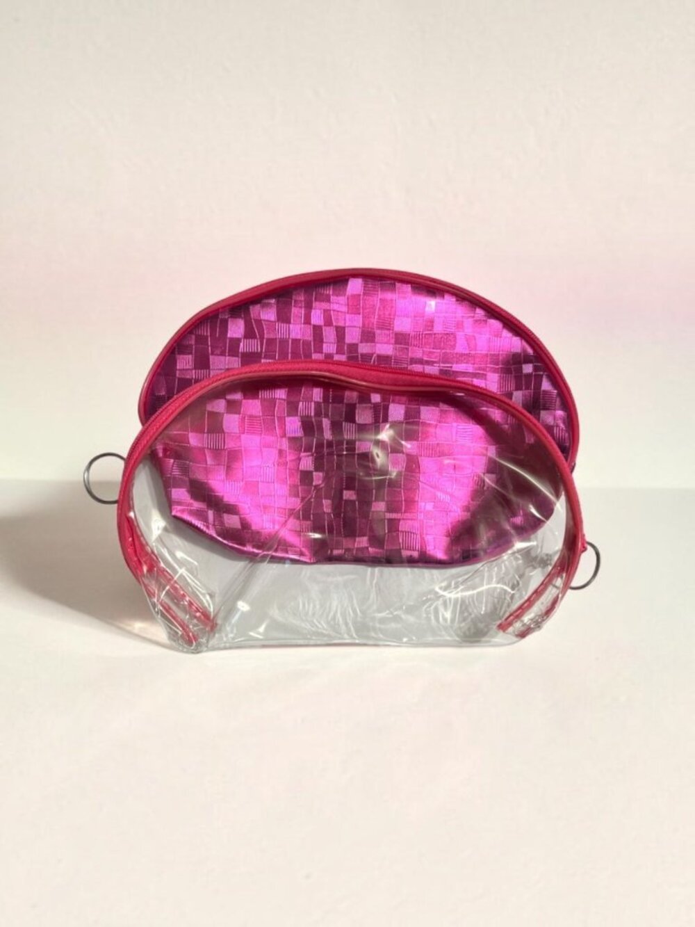 Pink Metallic Look & Clear 2 Piece Large Zipper Cosmetic Bag Set
